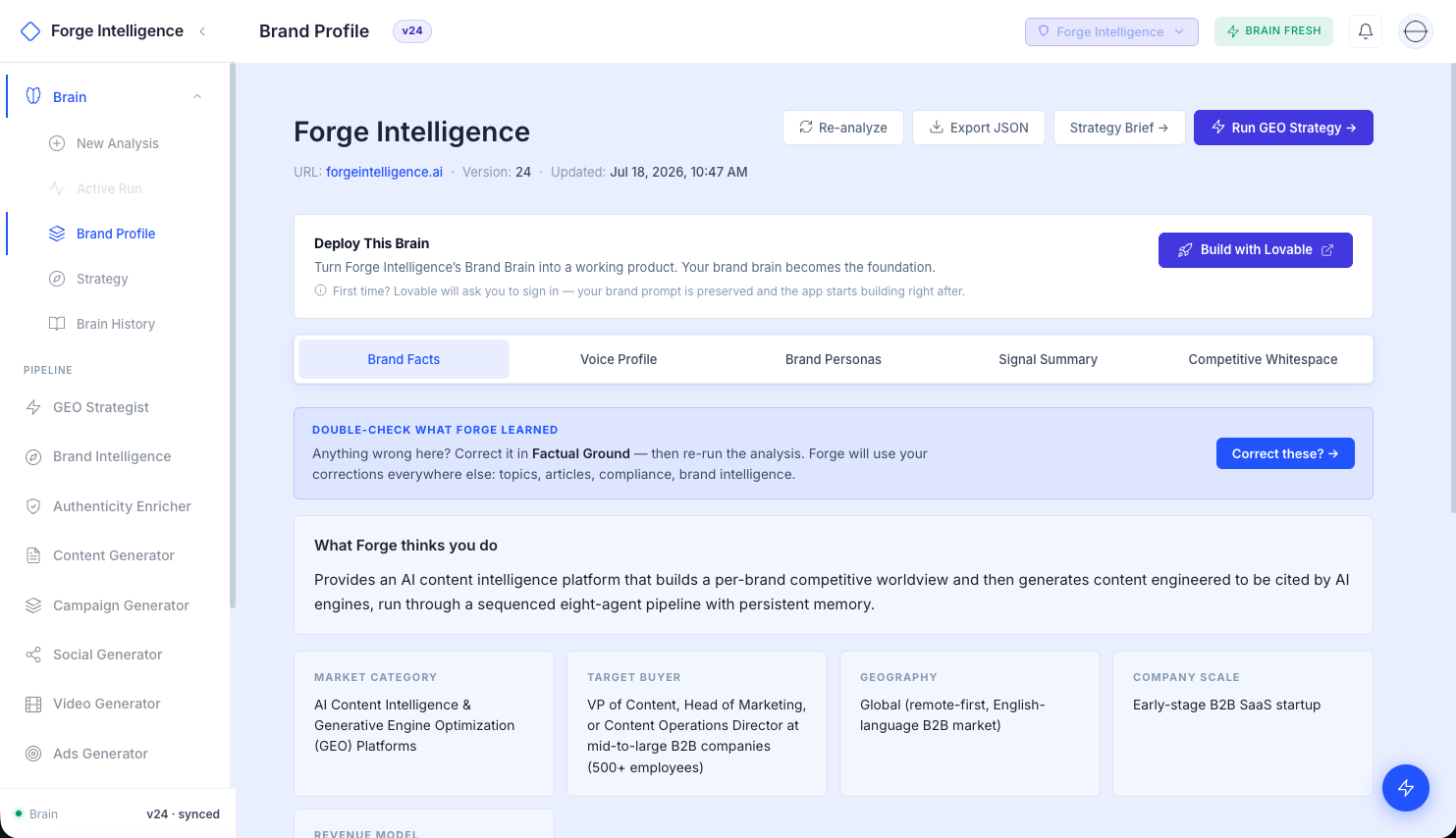 Forge Intelligence brand profile view: the versioned Brain with market category, target buyer, and competitive whitespace tabs