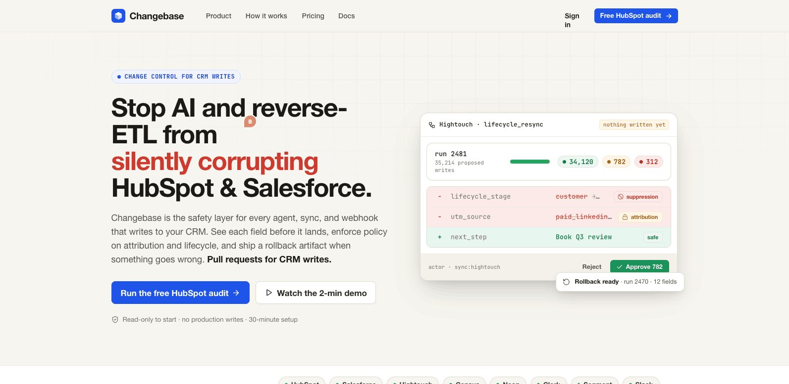 The Changebase landing page: the same design foundations wearing the prior product's CRM change-control content